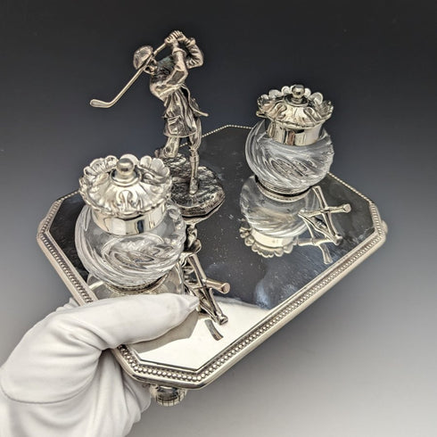 British Vintage Silver Plated Golf Design Pen Stand & Inkwell Pair